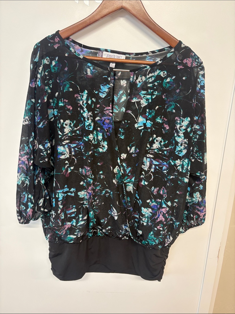Jennifer Lopez Black Floral Blouse with Teal & Purple Highlights
